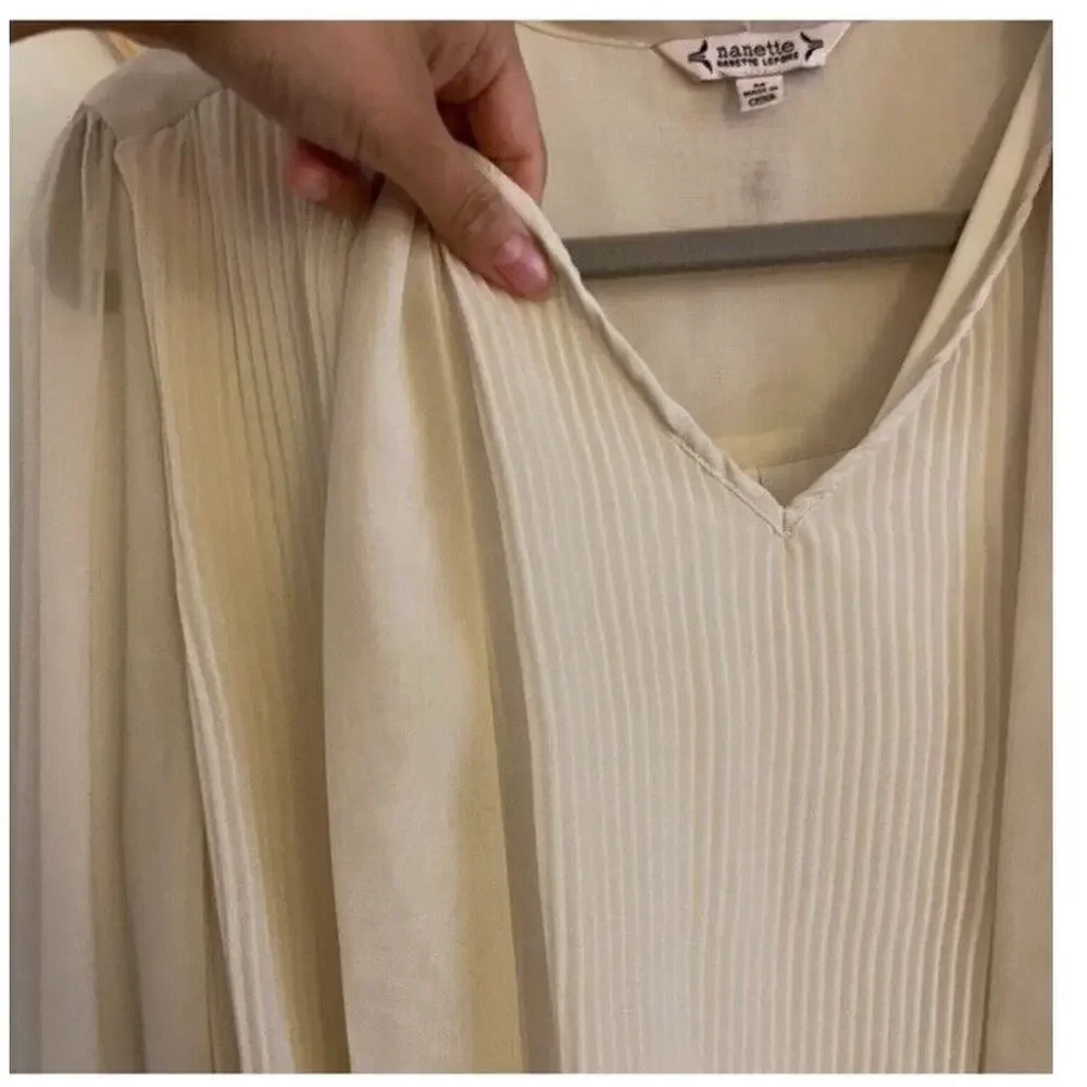 Nanette Lepore Top Women's Medium Cream Pleated Blouse Tie Long Sleeve Sheer - Picture 5 of 6